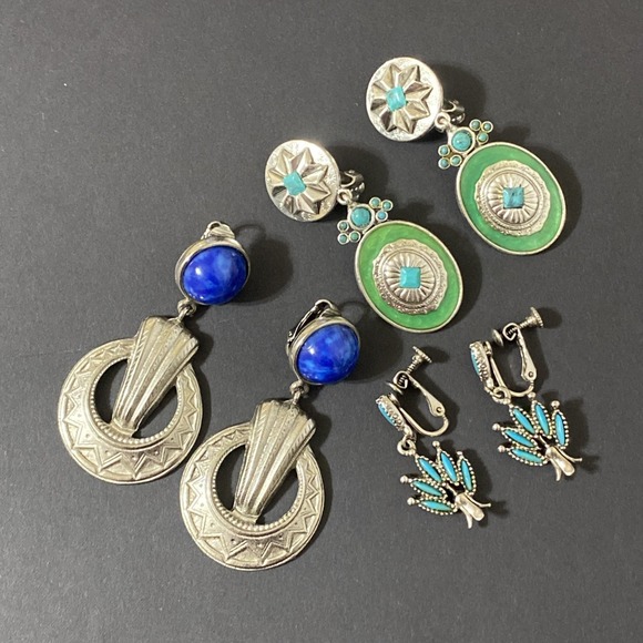 Estate Jewelry - Southwest Native American Style Earrings Lot Faux Turquoise Lapis Silver Tone